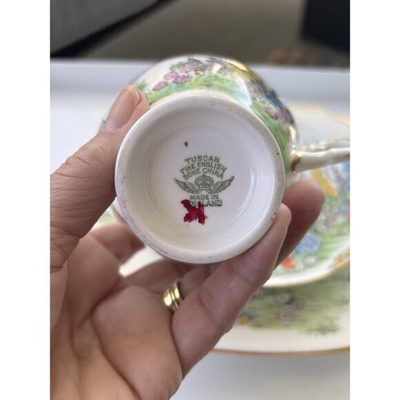 Vintage Plant Tuscan Bone China “Hollyhock” Teacup Saucer Dessert Plate Set - Picture 6 of 7